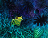 a giclee print of a small yellow tree frog in a tropical jungle setting in the cosmos with a vast starry sky and a distant planet. He ponders the mystery.