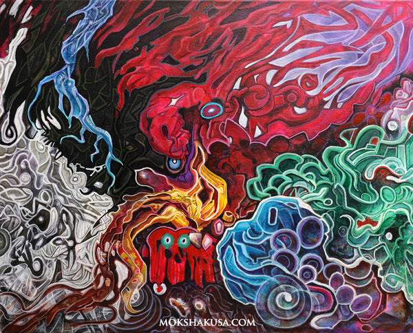 Colorful abstract acrylic painting artwork with various shapes and flowing energy 