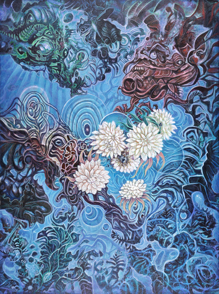 "The Garden of Flowers and Dragons" Original Acrylic Painting