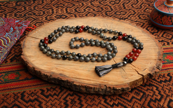 108 Bead Mala Necklace with Storage Bag - Labradorite, carnelian, obsidian and pyrite