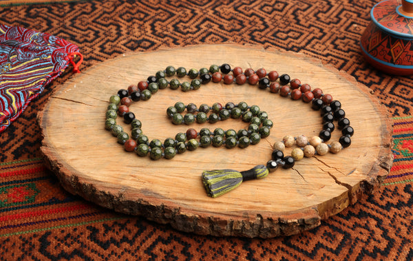 108 Bead Mala Necklace with Storage Bag - Serpentine, sesame jasper, obsidian, oolite jasper, pyrite