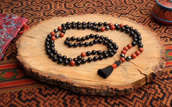 108 Bead Mala Necklace with Storage Bag - Obsidian, red jasper and pyrite