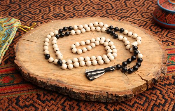 108 Bead Mala Necklace with Storage Bag - Fossil jasper, obsidian