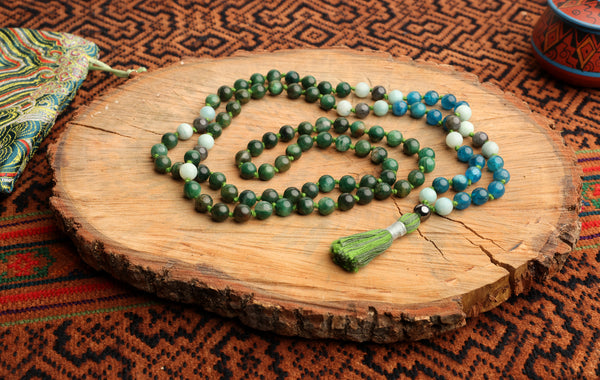 108 Bead Mala Necklace with Storage Bag - Green mica, blue apetite, amazonite, labradorite and pyrite.