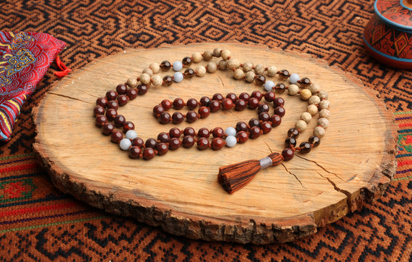 108 Bead Mala Necklace with Storage Bag - Oolitic jasper, poppy jasper, angelite, smokey quartz