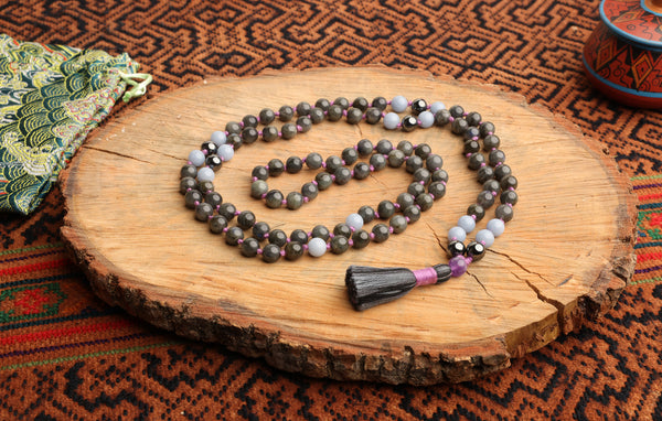 108 Bead Mala Necklace with Storage Bag - Labradorite, amazonite, pyrite, amethyst