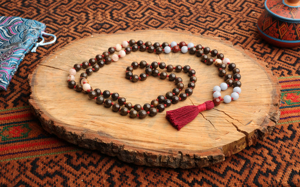 108 Bead Mala Necklace with Storage Bag - Bronzite, angelite, blossom agate and red jasper