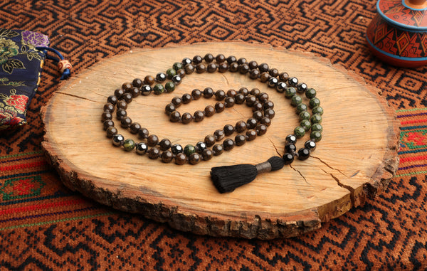 108 Bead Mala Necklace with Storage Bag - Bronzite, green mica and pyrite