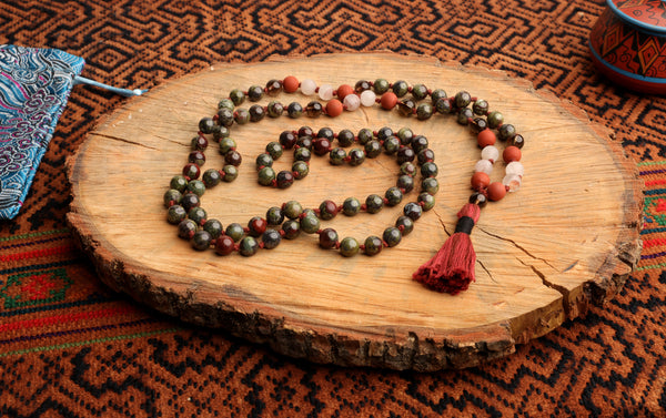 108 Bead Mala Necklace with Storage Bag -Dragons Blood, Lepidocrocite, red jasper and smokey quartz