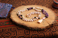 108 Bead Mala Necklace with Storage Bag - Blossom agate, amethyst and obsidian