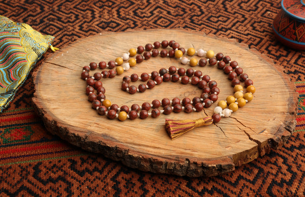 108 Bead Mala Necklace with Storage Bag - Sesame jasper, mookalite, blossom agate