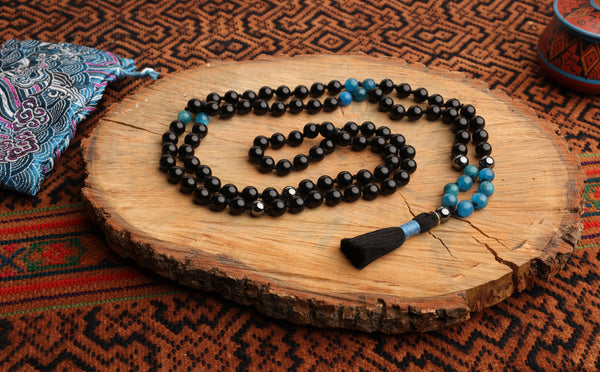 108 Bead Mala Necklace with Storage Bag - Obsidian, blue apetite, and pyrite