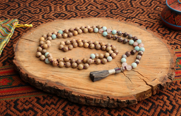 108 Bead Mala Necklace with Storage Bag - Oolite Jasper, Amazonite, Lepidocrocite