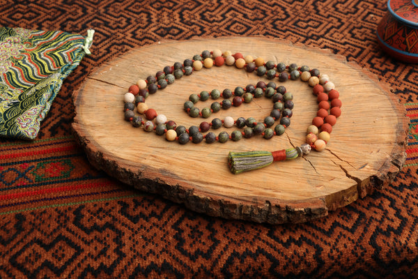 108 Bead Mala Necklace with Storage Bag - Dragons Blood, red jasper, fossil coral and oolite jasper