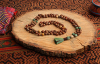 108 Bead Mala Necklace with Storage Bag - Tibetan agate, green mica and fossil coral