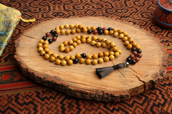 108 Bead Mala Necklace with Storage Bag - Mookalite, red jasper, obsidian and pyrite