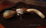 Handmade Elk Rattle: Peyote symbol, Fur and Feathers with Driftwood Handle From Oregon Coast