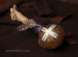Handmade Elk Rattle with Leather, Feathers and Copper, Painted with a Cross Emblem