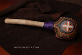 Handmade Elk Rattle with Leather, Rustic Handle - Painted with a Cross Emblem