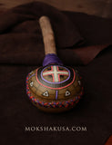 Handmade Elk Rattle with Leather, Rustic Handle - Painted with a Cross Emblem