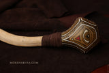 Handmade Elk Rattle with Leather, Driftwood Handle - Hand Painted Eye Emblem