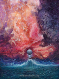 a moon emerging from the ocean represents the birth of a new entity surrounded by a colorful cosmic background like nebulas and a turbulent ocean. giclee print