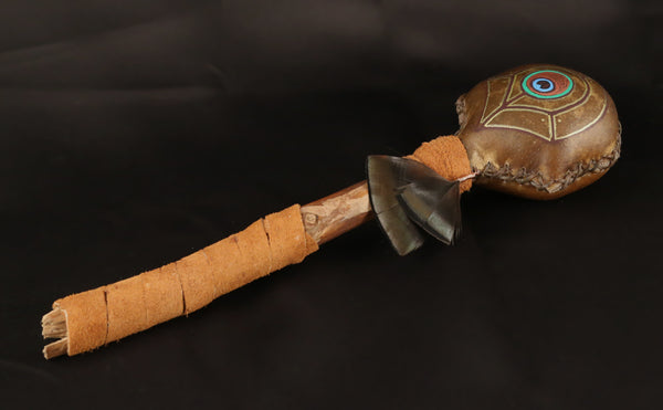 Handmade Painted Peacock Rattle with Leather Handle and Feathers