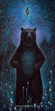 giclee print of a standing bear in a dark landscape surrounded by a forest and start night sky, and a cosmic portal above his head, I am the universe 