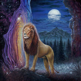 an oil painting of a brave lion walking through a nighttime landscape, about to enter into a colorful mystical portal into anther dimension 