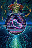 a human fetus baby is in the cosmic womb with a dns helix, flowers and a snake surrounded by foliage and a dark watery scene, resembling visionary art