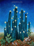 a giclle print of a cluster of tall Huachuma cacti aka San Pedro with white flowers radiating light and  peyote buttons with a small lizard in a desert landscape with blue sky