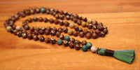 108 Bead Mala Necklace with Storage Bag - Tibetan agate, green mica and fossil coral