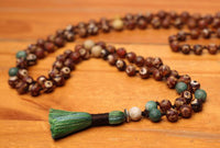 108 Bead Mala Necklace with Storage Bag - Tibetan agate, green mica and fossil coral