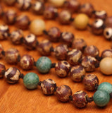 108 Bead Mala Necklace with Storage Bag - Tibetan agate, green mica and fossil coral