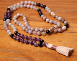 108 Bead Mala Necklace with Storage Bag - Blossom agate, amethyst and obsidian