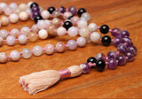 108 Bead Mala Necklace with Storage Bag - Blossom agate, amethyst and obsidian